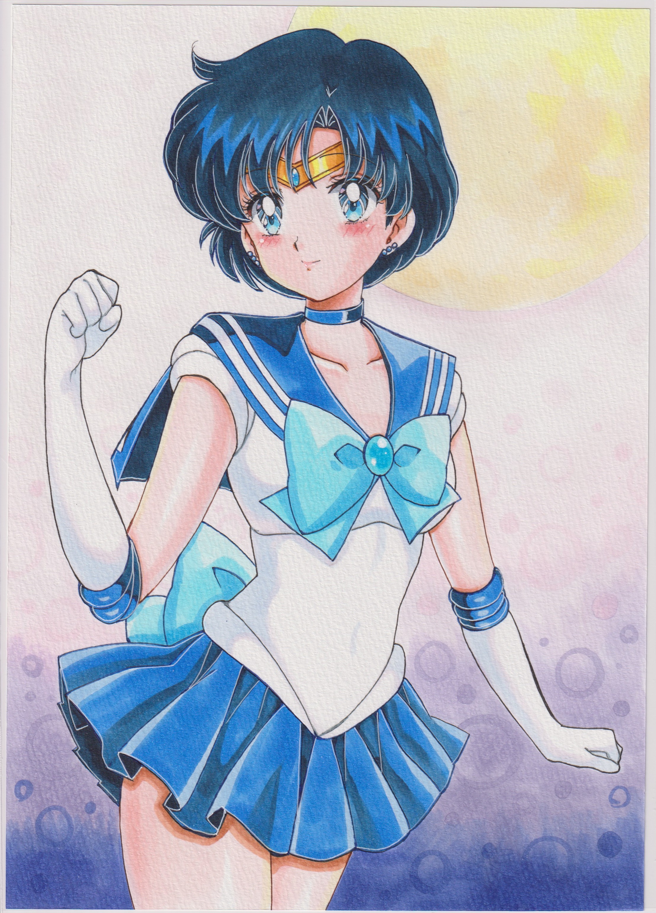 chikoto (kztc4472), mizuno ami, sailor mercury, bishoujo senshi sailor moon, absurdres, commentary, highres, traditional media, 1girl, back bow, blue background, blue bow, blue bowtie, blue choker, blue eyes, blue hair, blue sailor collar, blue skirt, blush, bow, bowtie, choker, circlet, closed mouth, collarbone, elbow gloves, gloves, hand up, looking at viewer, magical girl, parted bangs, pleated skirt, sailor collar, sailor senshi uniform, short hair, skirt, smile, solo, white gloves