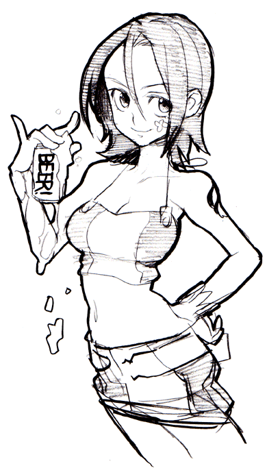 saitou yahu, talho yuuki, eureka seven, eureka seven (series), bad id, bad pixiv id, 00s, 1girl, alcohol, beer, belt, breasts, female focus, greyscale, midriff, miniskirt, monochrome, short hair, simple background, skirt, smile, solo, tank top