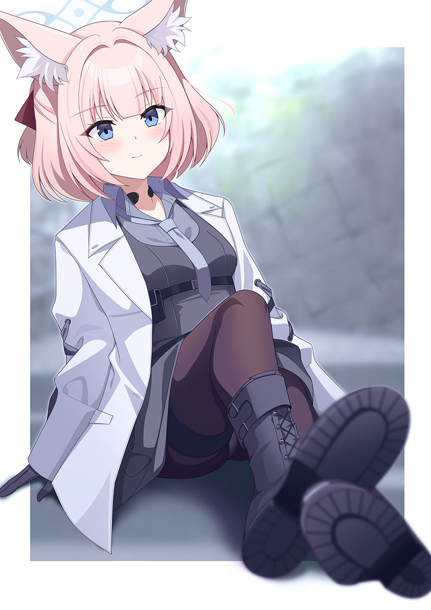 eko, niko (blue archive), subaru (blue archive), blue archive, highres, 1girl, alternate costume, animal ears, black pantyhose, blue eyes, blue halo, boots, breasts, fox ears, fox girl, gloves, grey boots, grey necktie, grey shirt, halo, lab coat, medium breasts, medium hair, necktie, pantyhose, pink hair, shirt, solo, thighs