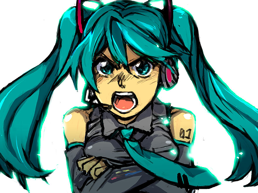 saitou yahu, hatsune miku, top wo nerae!, top wo nerae! (series), vocaloid, bad id, bad pixiv id, 1girl, angry, blue hair, crossed arms, detached sleeves, female focus, long hair, necktie, parody, solo, twintails