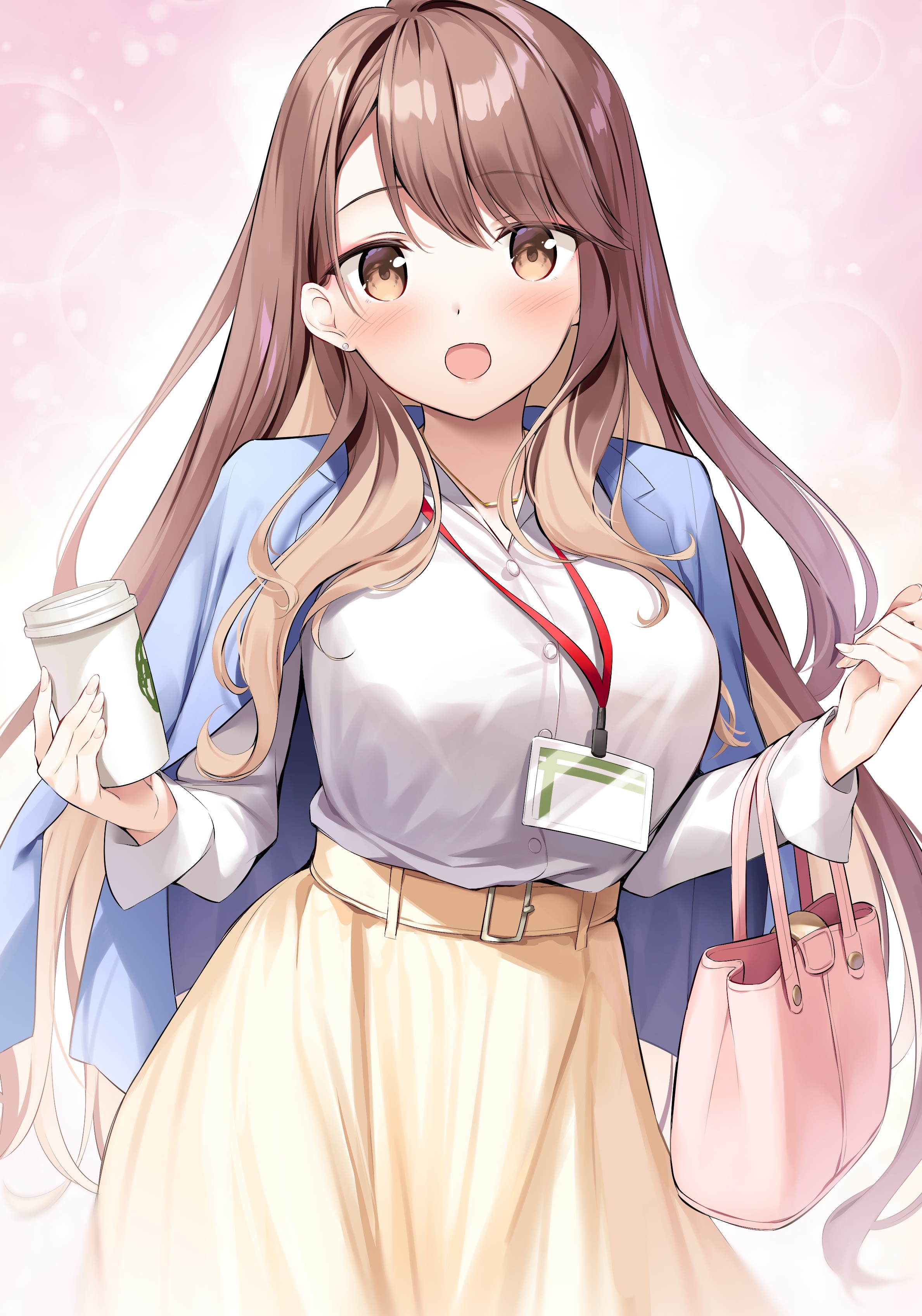 oryo (oryo04), mamiya yurika, ponkotsu kawaii mamiya-san, absurdres, commentary request, highres, official art, second-party source, 1girl, belt, blue jacket, blush, breasts, brown eyes, brown hair, cup, disposable coffee cup, disposable cup, earrings, id card, jacket, jewelry, lanyard, lapels, large breasts, long hair, looking at viewer, notched lapels, open clothes, open jacket, open mouth, pink bag, shirt, skirt, smile, solo, stud earrings, white shirt, yellow belt, yellow skirt