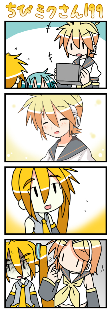 minami (colorful palette), akita neru, chibi miku, hatsune miku, kagamine len, kagamine rin, vocaloid, long image, tall image, 1boy, 3girls, 4koma, birthday, chibi, comic, multiple girls, side ponytail, silent comic, smile, sweat