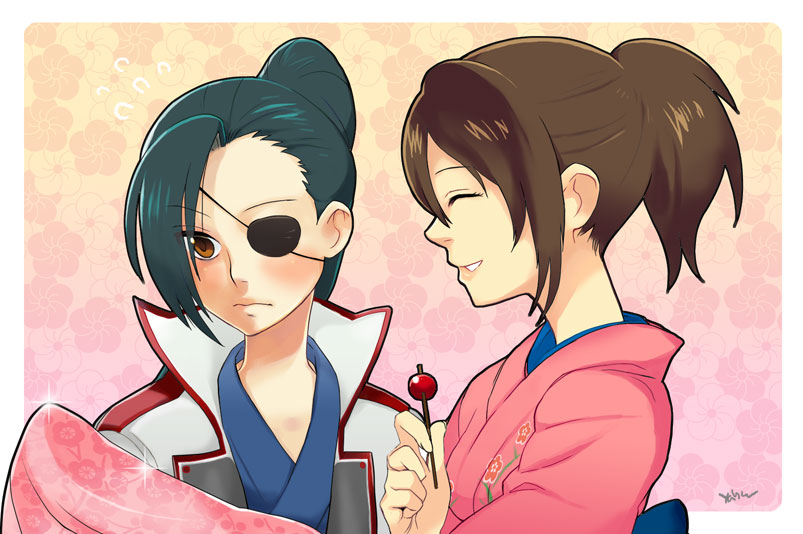 saitou yahu, shimura tae, yagyuu kyuubei, gintama, bad id, bad pixiv id, 00s, 2girls, blush, brown hair, eyepatch, green hair, happy, japanese clothes, kimono, multiple girls, profile, smile, yuri