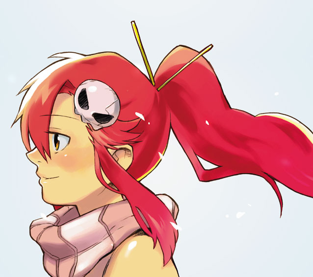 saitou yahu, yoko littner, tengen toppa gurren lagann, bad id, bad pixiv id, 00s, blush, brown eyes, hair ornament, long hair, ponytail, portrait, profile, red hair, scarf, smile, solo, striped clothes, striped scarf