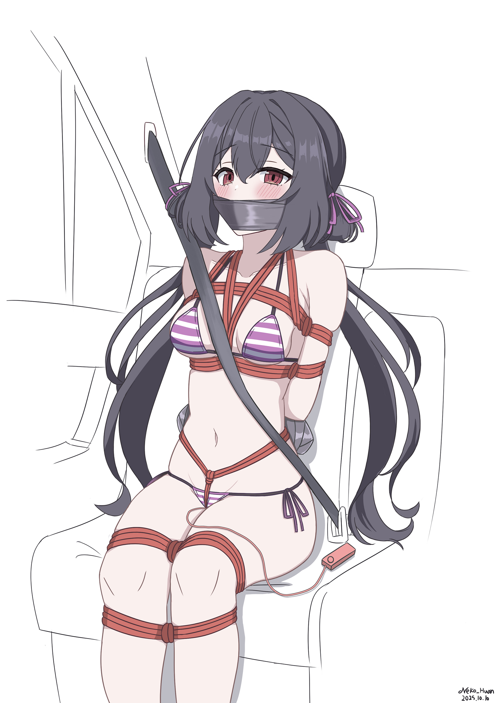 neko huan, lily (counter:side), counter:side, highres, arms behind back, bdsm, bikini, black hair, blush, breasts, car interior, collarbone, forced orgasm, gag, hair ribbon, horizontal-striped bikini, improvised gag, legs tied together, long hair, micro bikini, navel, remote control vibrator, ribbon, seatbelt, sex toy, side-tie bikini bottom, sidelocks, sitting, small breasts, striped bikini, striped clothes, swimsuit, tape, tape gag, taped hands, twintails, vibrator, vibrator under clothes