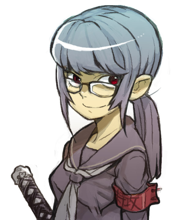 saitou yahu, bad id, bad pixiv id, 1girl, female focus, glasses, grey hair, katana, ponytail, red eyes, school uniform, smile, smirk, solo, sword, weapon