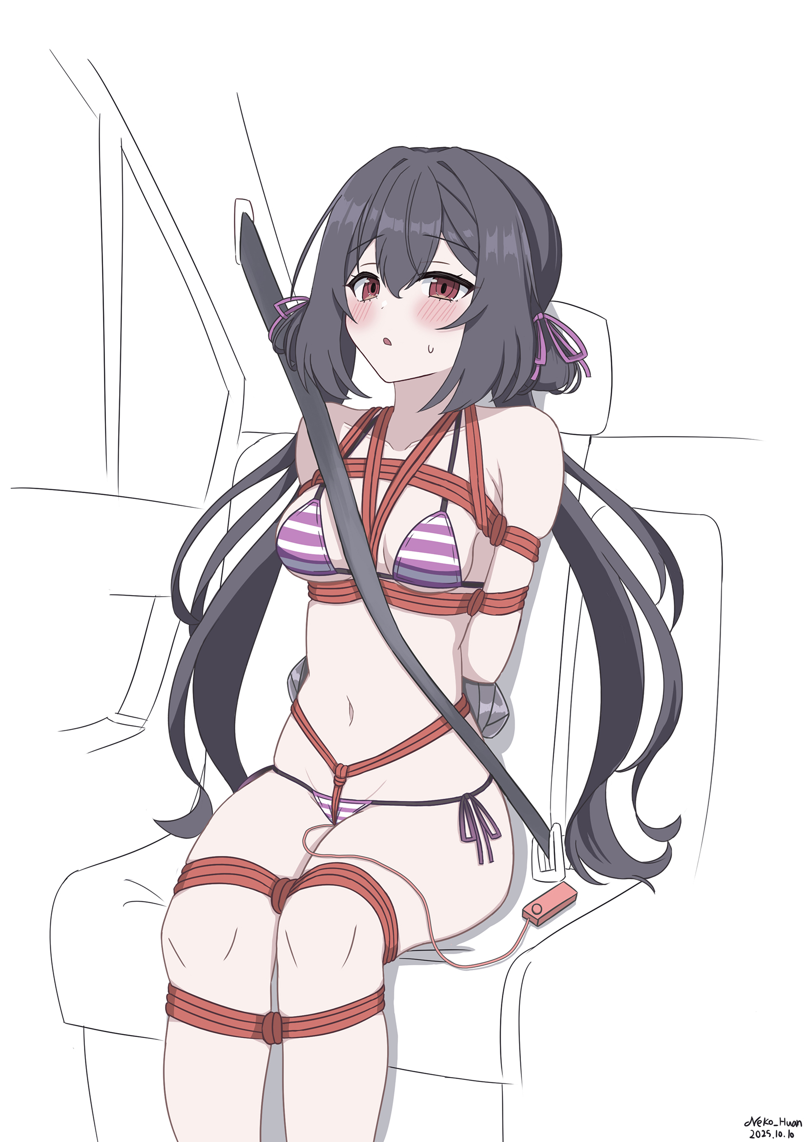 neko huan, lily (counter:side), counter:side, highres, :o, arms behind back, bdsm, bikini, black hair, blush, breasts, car interior, collarbone, forced orgasm, hair ribbon, horizontal-striped bikini, legs tied together, long hair, micro bikini, navel, remote control vibrator, ribbon, seatbelt, sex toy, side-tie bikini bottom, sidelocks, sitting, small breasts, striped bikini, striped clothes, swimsuit, taped hands, twintails, vibrator, vibrator under clothes