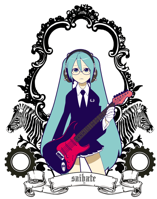 saitou yahu, hatsune miku, hatsune miku (saihate), saihate (vocaloid), vocaloid, bad id, bad pixiv id, bespectacled, blue hair, glasses, guitar, headphones, instrument, long hair, solo, zebra