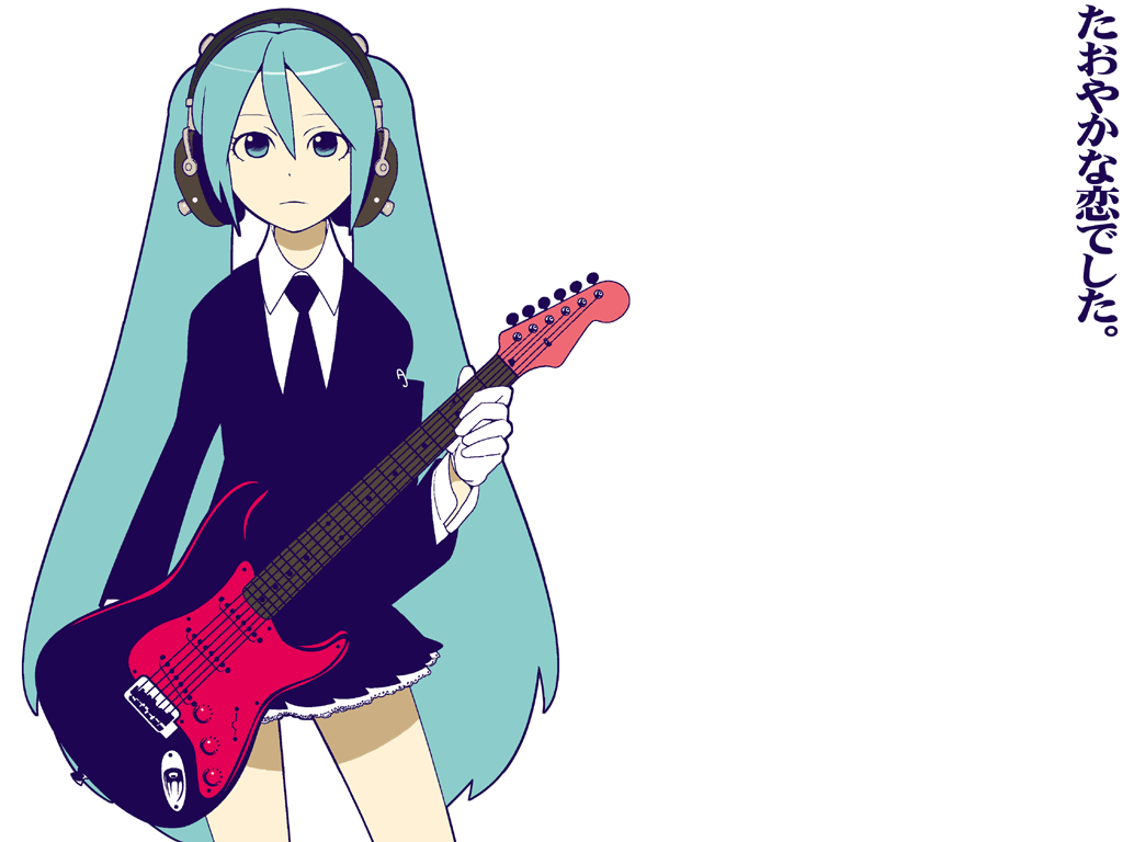 saitou yahu, hatsune miku, hatsune miku (saihate), saihate (vocaloid), vocaloid, bad id, bad pixiv id, 1girl, blue hair, female focus, guitar, headphones, instrument, long hair, solo, twintails