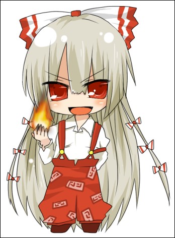 skt, fujiwara no mokou, touhou, bad id, bad pixiv id, lowres, 1girl, chibi, female focus, fire, full body, long hair, red eyes, ribbon, simple background, solo, standing, very long hair, white background, white hair