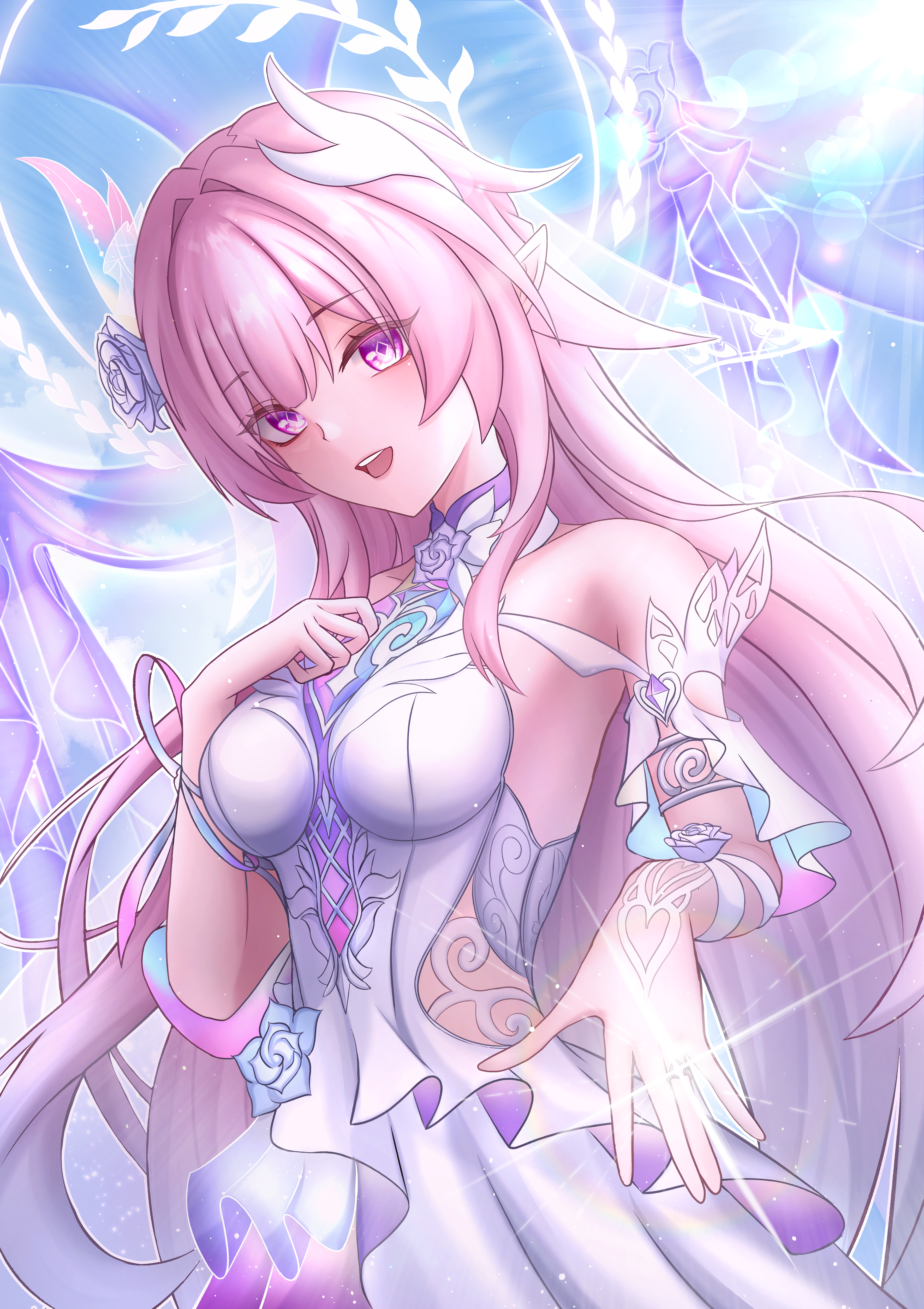 hanabi (hanabi 0333), cyrene (honkai: star rail), cyrene (ripples of past reverie) (honkai: star rail), honkai: star rail, honkai (series), absurdres, commentary, highres, 1girl, bare shoulders, blue sky, breasts, clothing cutout, diamond-shaped pupils, diamond (shape), dress, flower, hair flower, hair ornament, halo, jewelry, long hair, medium breasts, open mouth, pink hair, pointy ears, purple eyes, ring, side cutout, sky, smile, solo, symbol-shaped pupils, very long hair, wedding ring, white dress