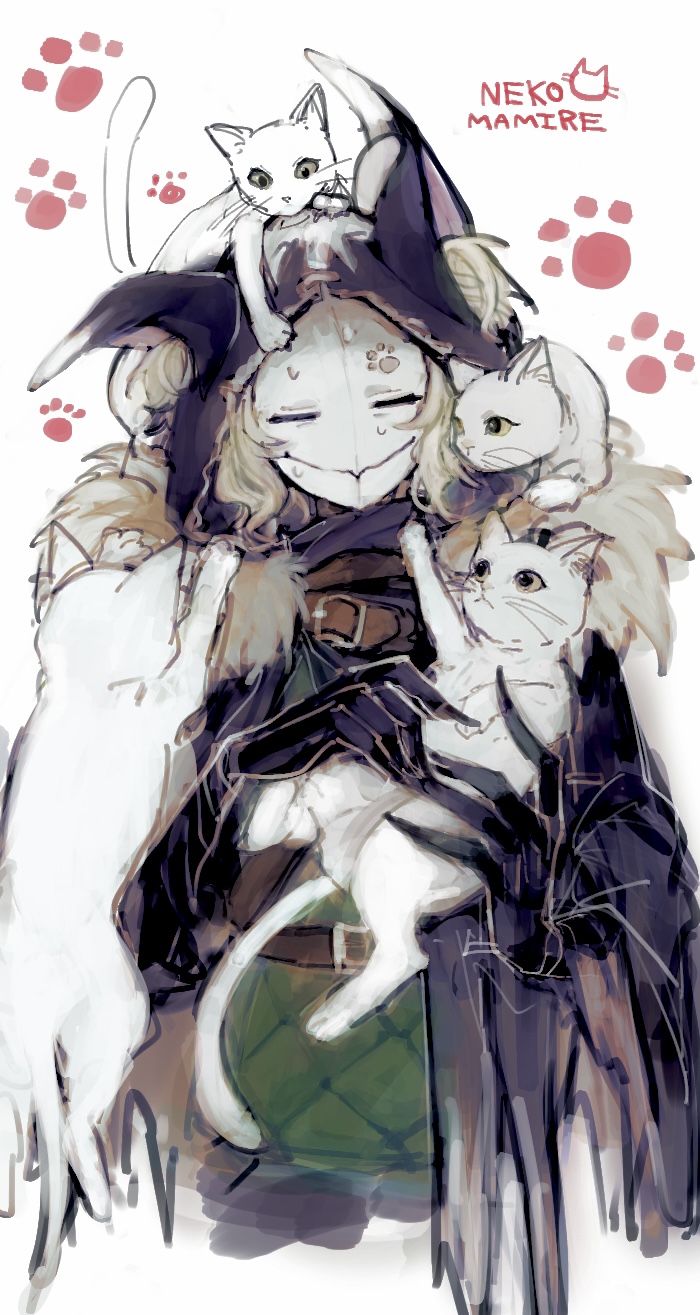 ithaqua (identity v), identity v, highres, 1boy, animal, animal ear hood, animal on head, animal on shoulder, black gloves, cat, cat on head, cat on shoulder, claws, closed eyes, closed mouth, colored sclera, english text, fake animal ears, fur-trimmed jacket, fur trim, gloves, holding, holding animal, holding cat, hood, jacket, mask, on head, sweat, too many, too many cats, white cat, yellow sclera, yominaito