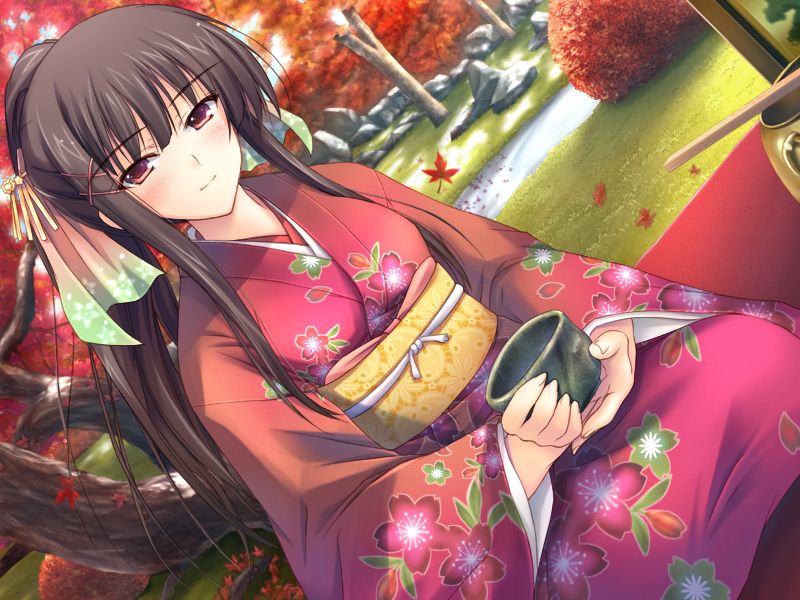 tomose shunsaku, hanimi shiina, alice soft, double teacher life, pot, game cg, 1girl, autumn, black hair, blush, brown hair, female focus, garden, japanese clothes, kimono, leaf, long hair, outdoors, purple eyes, rock, smile, solo, tea, tree