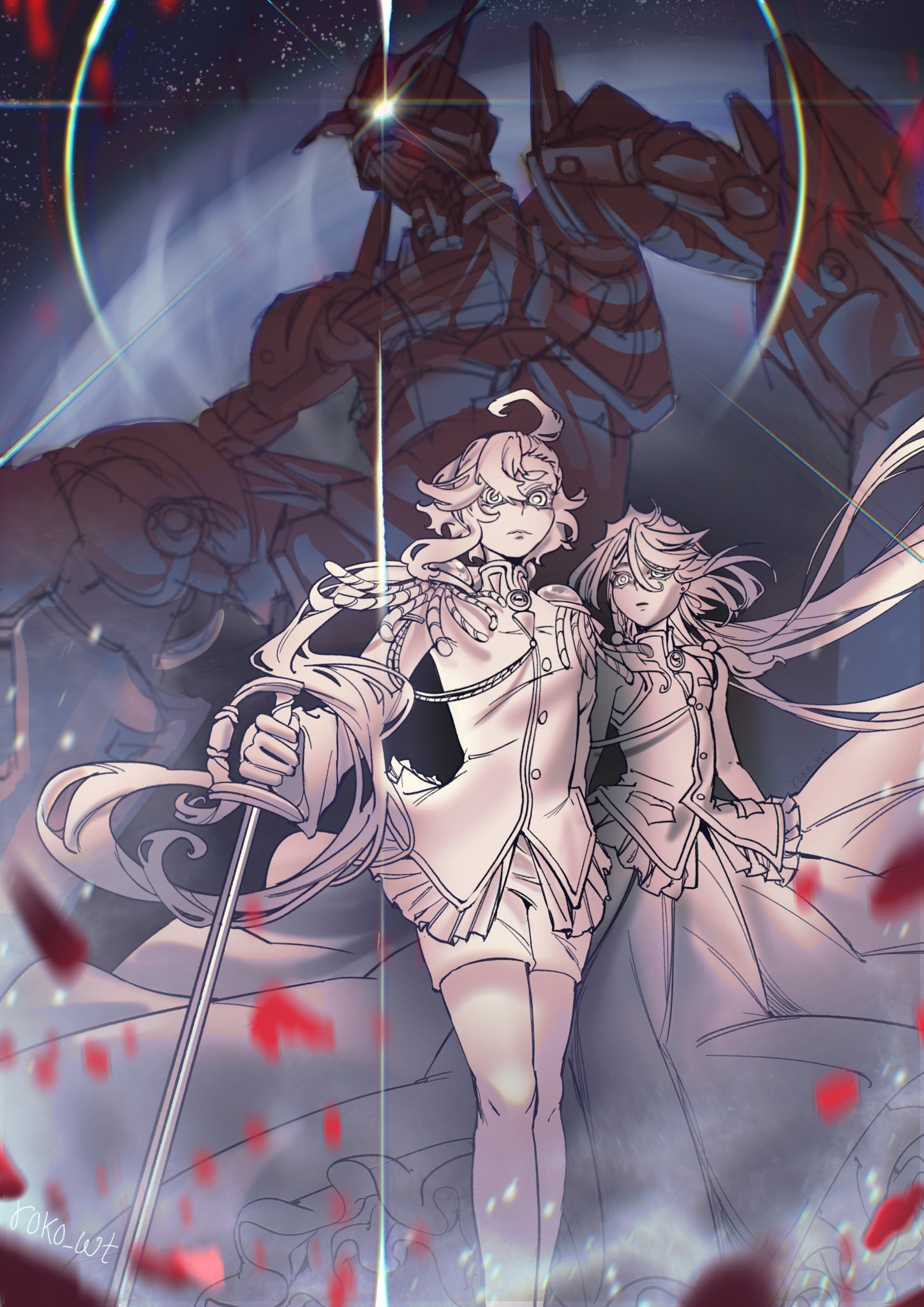roko wt, gundam aerial, himemiya anthy, miorine rembran, suletta mercury, tenjou utena, gundam, gundam suisei no majo, shoujo kakumei utena, commentary, english commentary, highres, 2girls, ahoge, artist name, cosplay, dress, epaulettes, himemiya anthy (cosplay), holding, holding sword, holding weapon, long hair, mecha, military uniform, monochrome, multiple girls, petals, robot, shoes, skirt, sky, space, star (sky), starry sky, sword, tenjou utena (cosplay), very long hair, weapon