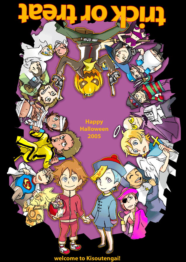saitou yahu, eureka (eureka seven), gidget, gonzy, hap, hilda (eureka seven), holland novak, jobs, ken-goh, linck, maeter, matthieu, maurice, mischa, moondoggie, renton thurston, stoner, talho yuuki, woz, eureka seven, eureka seven (series), bad id, bad pixiv id, 00s, 2005, 6+boys, 6+girls, cosplay, costume, dark skin, everyone, halloween, happy halloween, multiple boys, multiple girls, trick or treat, upside-down