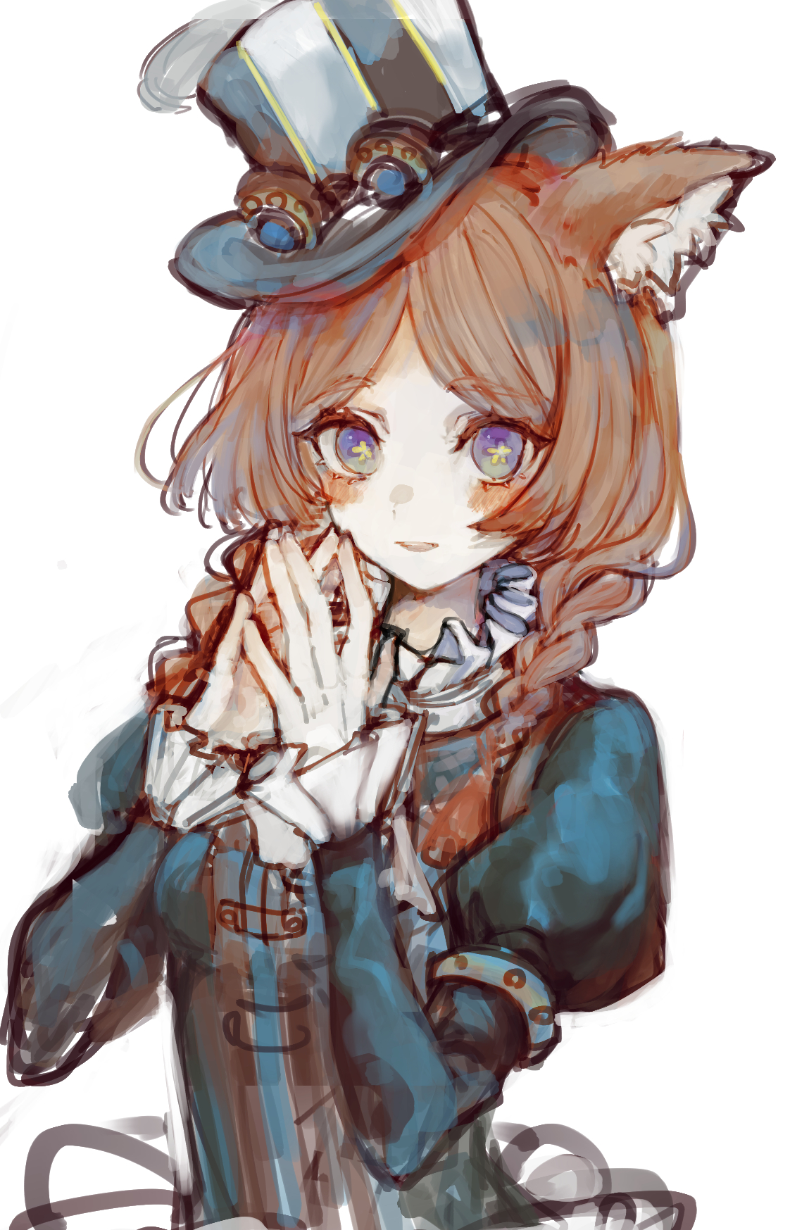 anne lester (paper wings), identity v, highres, 1girl, animal ear fluff, animal ears, anne lester, blue eyes, blue shirt, blush, braid, collar, flower-shaped pupils, fox ears, fox girl, frilled collar, frilled sleeves, frills, goggles, goggles on headwear, hat, looking at viewer, orange hair, own hands together, puffy sleeves, shirt, symbol-shaped pupils, top hat, twin braids, yominaito