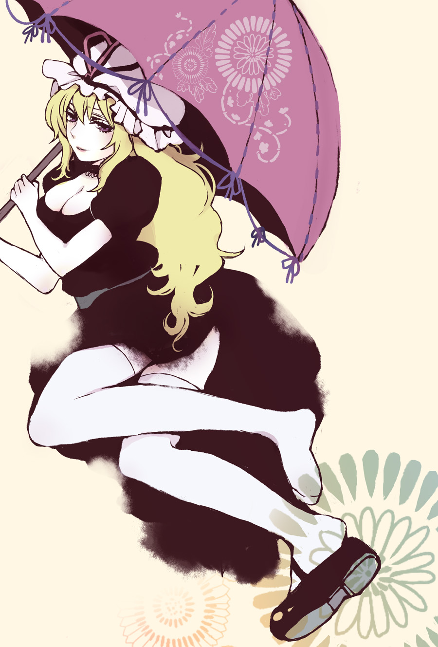 lovecom, yakumo yukari, touhou, bad id, bad pixiv id, highres, 1girl, blonde hair, breasts, cleavage, dress, feet, female focus, hat, long hair, mary janes, medium breasts, shoe dangle, shoes, single shoe, solo, thighhighs, umbrella, white thighhighs