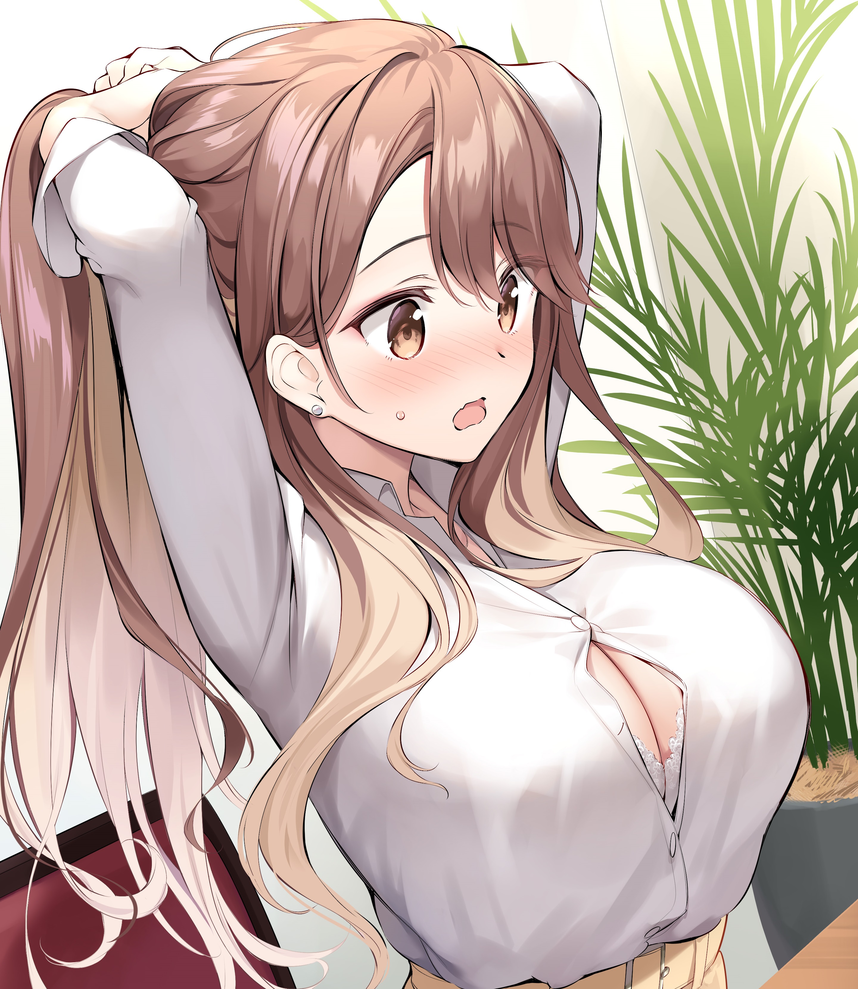 oryo (oryo04), mamiya yurika, ponkotsu kawaii mamiya-san, absurdres, commentary request, highres, official art, second-party source, 1girl, arms up, belt, blush, bra, breasts, brown eyes, brown hair, collared shirt, earrings, eyes visible through hair, indoors, jewelry, lace, lace bra, large breasts, long hair, open mouth, shirt, skirt, small sweatdrop, smile, solo, stud earrings, tying hair, underwear, white bra, white shirt, wing collar, yellow belt, yellow skirt