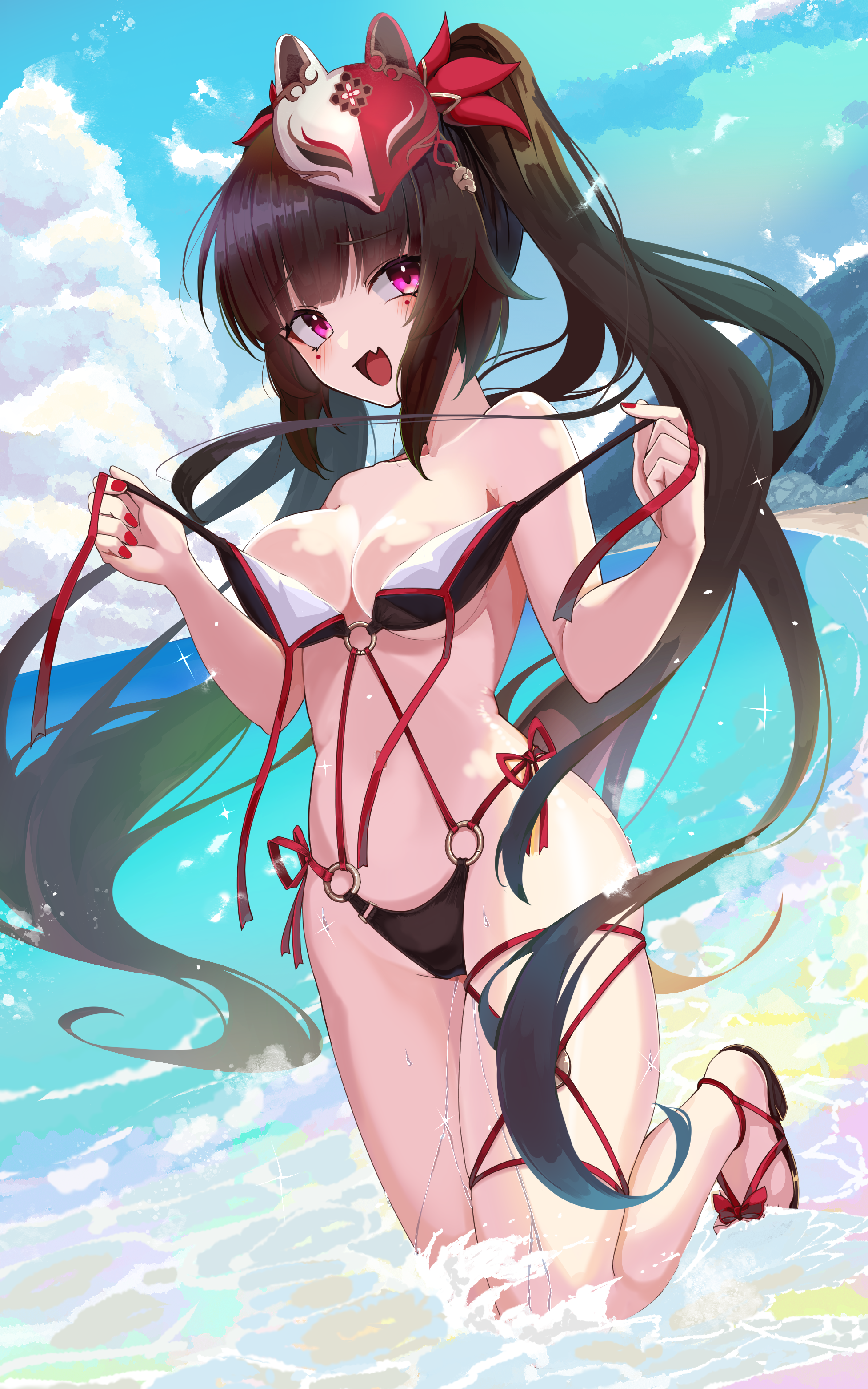 excella (delltothu), sparkle (honkai: star rail), honkai: star rail, honkai (series), absurdres, commentary request, highres, 1girl, bare shoulders, beach, bikini, black bikini, black hair, blue sky, breasts, fang, fox mask, long hair, mask, mask on head, medium breasts, navel, ocean, open mouth, outdoors, purple eyes, sandals, skin fang, sky, solo, stomach, swimsuit, twintails, very long hair