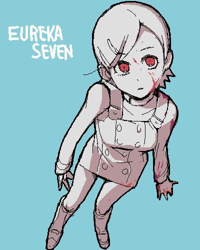 saitou yahu, eureka (eureka seven), eureka seven, eureka seven (series), bad id, bad pixiv id, lowres, 00s, 1girl, blood, female focus, full body, monochrome, simple background, solo, spot color