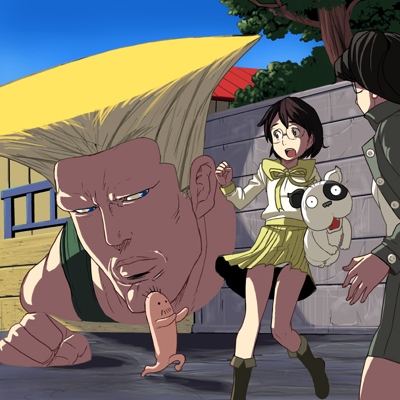 kouno (masao), amasawa yuuko, densuke (dennou coil), guile, okonogi yuuko, oyaji (dennou coil), capcom, dennou coil, street fighter, wall, bad id, bad pixiv id, 00s, 2boys, 2girls, blonde hair, blue eyes, boots, brown hair, creature, crossover, day, dog, facial hair, glasses, jacket, miniskirt, multiple boys, multiple girls, mustache, outdoors, panties, panty peek, pantyshot, pet, pleated skirt, running, school uniform, skirt, sky, tree, underwear, upskirt, what, white panties
