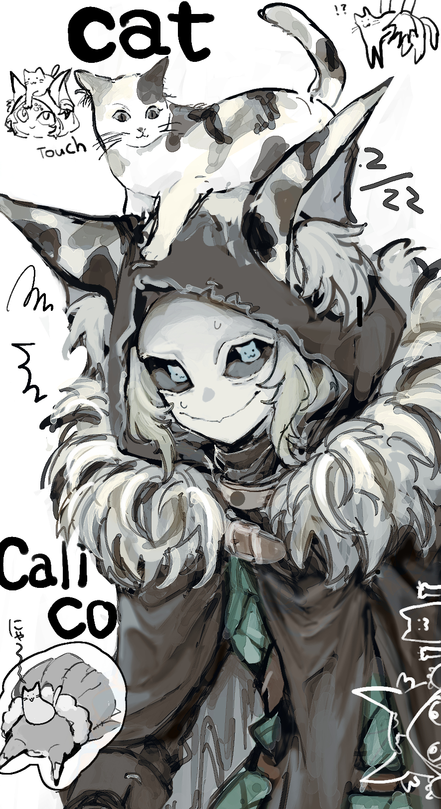 ithaqua (identity v), identity v, highres, 1boy, animal, animal ear fluff, animal ear hood, animal on head, black sclera, blonde hair, calico (pattern), calico cat, cat, cat on head, cloak, colored sclera, english text, fake animal ears, fur-trimmed cloak, fur trim, high collar, hood, mask, on head, sweat, symbol-shaped pupils, yominaito