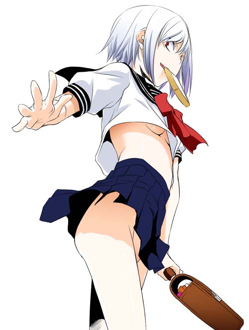 nakajima yuka, accelerator (toaru majutsu no index), suzushina yuriko, toaru majutsu no index, toaru majutsu no index: old testament, 00s, 1girl, bag, bread, bread slice, breasts, female focus, food, food in mouth, from below, genderswap, genderswap (mtf), mouth hold, no bra, no panties, red eyes, satchel, school bag, school uniform, serafuku, short hair, skirt, small breasts, solo, toast, toast in mouth, underboob, upshirt, upskirt, white hair