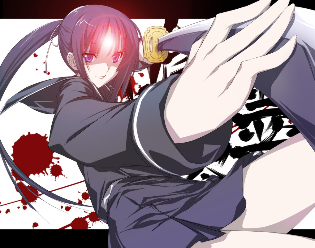 47agdragon, isayama yomi, ga-rei, ga-rei zero, 00s, 1girl, female focus, fighting stance, foreshortening, gatotsu stance, katana, long hair, ponytail, purple eyes, school uniform, skirt, solo, sword, weapon