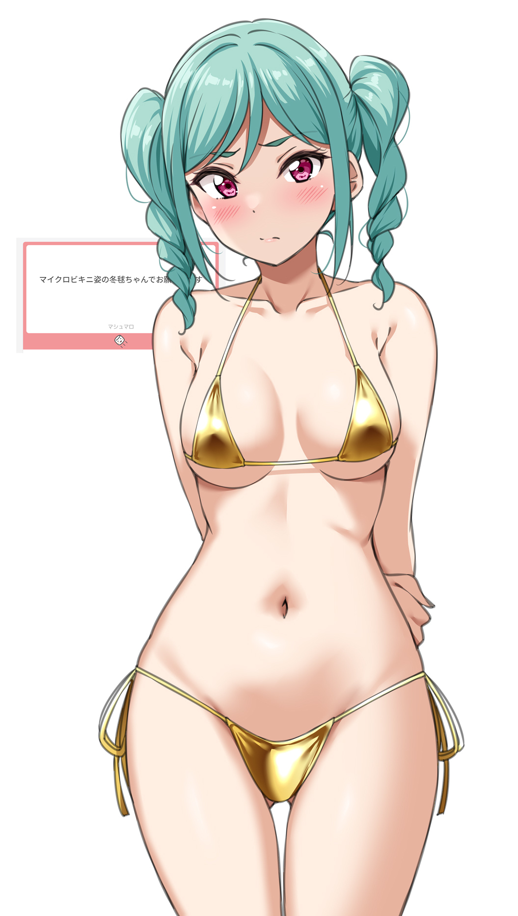yopparai oni, onitsuka tomari, love live!, love live! superstar!!, highres, 1girl, aqua hair, armpit crease, arms behind back, bikini, blush, braid, breasts, collarbone, cowboy shot, gluteal fold, gold bikini, looking at viewer, medium breasts, navel, purple eyes, side-tie bikini bottom, simple background, solo, stomach, swimsuit, thigh gap, thighs, twin braids, twintails, white background