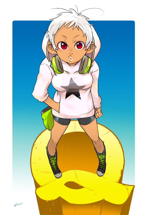 saitou yahu, bad id, bad pixiv id, 1girl, :o, albino, bike shorts, dark-skinned female, dark skin, female focus, hand in pocket, headphones, headphones around neck, hood, red eyes, shoes, short hair, sneakers, solo, white hair