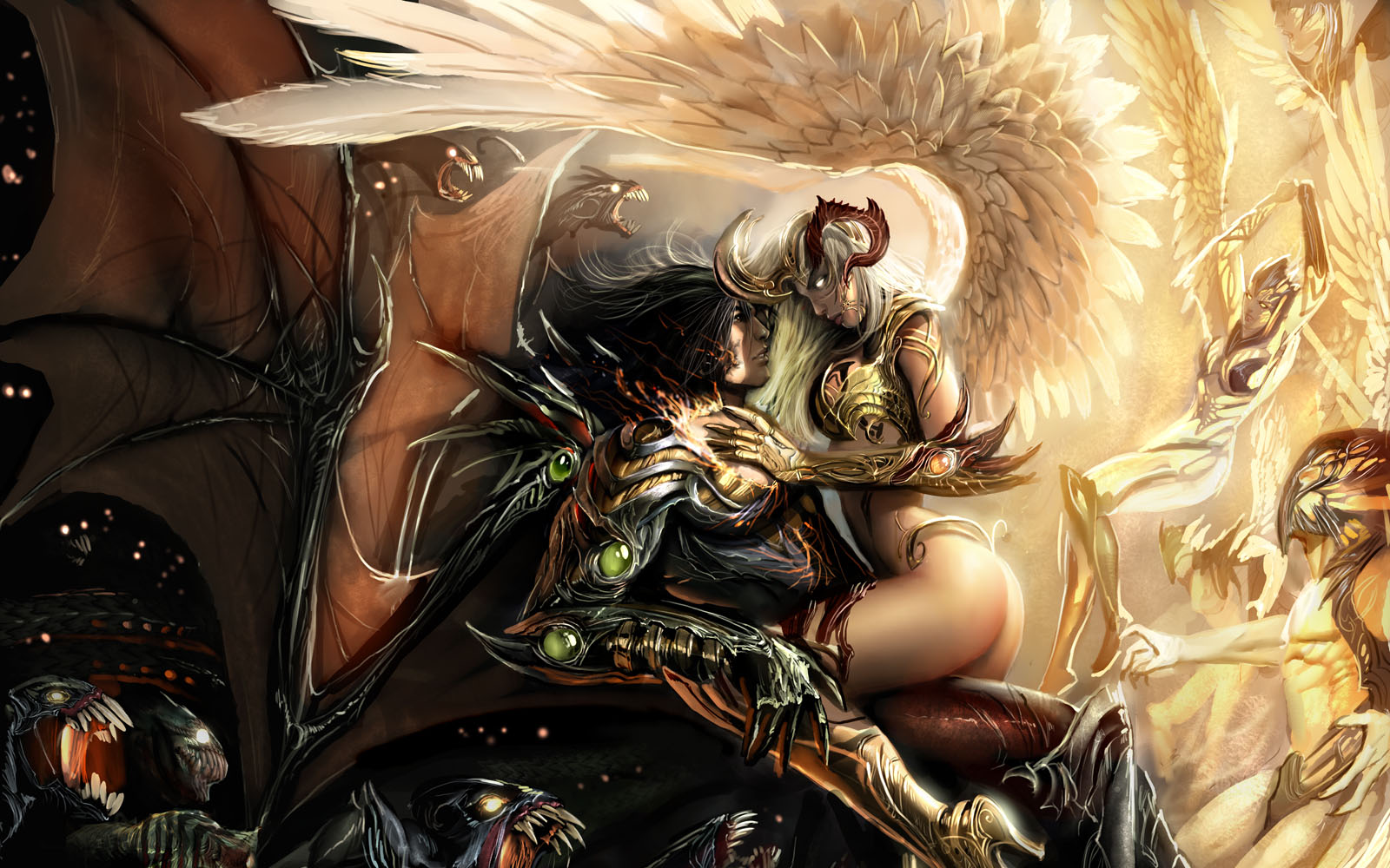 highres, angel, armor, ass, black hair, boots, demon, horns, white eyes, white hair, wings