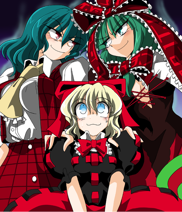 kieyza, kiezya, kagiyama hina, kazami yuuka, medicine melancholy, touhou, 3girls, :3, ascot, between breasts, blonde hair, blue eyes, bow, breasts, cleavage, clothes between breasts, female focus, front ponytail, green eyes, green hair, hair bow, looking up, medium breasts, multiple girls, nervous, plaid clothes, plaid skirt, plaid vest, red eyes, ribbon, shaded face, short hair, skirt, skirt set, smirk, sweat, vest, you gonna get raped