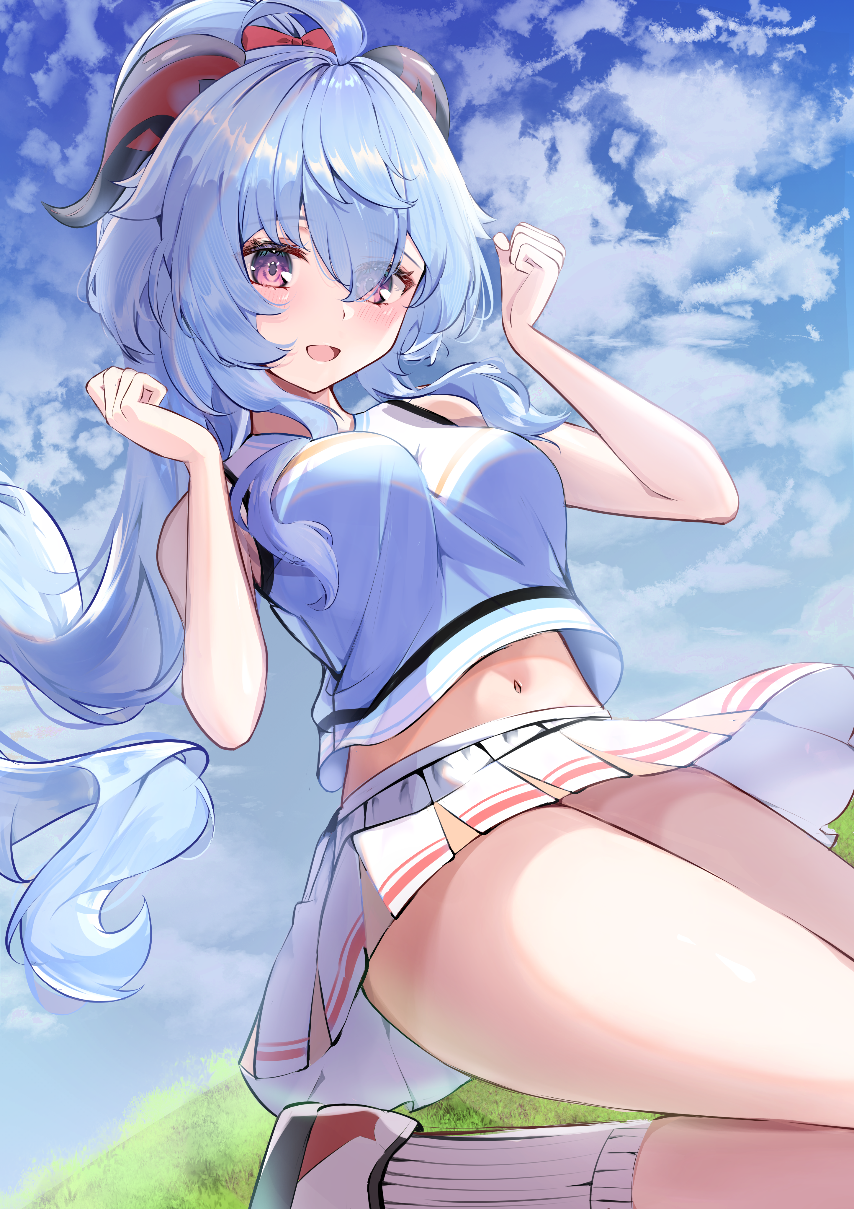 moni (moni7475), ganyu (genshin impact), genshin impact, absurdres, commentary request, highres, 1girl, alternate costume, bare shoulders, blue hair, blush, breasts, cheerleader, cloud, cloudy sky, day, gem, goat horns, hair between eyes, horns, large breasts, long hair, midriff, navel, open mouth, outdoors, pleated skirt, purple eyes, shirt, skirt, sky, sleeveless, sleeveless shirt, socks, solo, very long hair, white shirt, white skirt, white socks