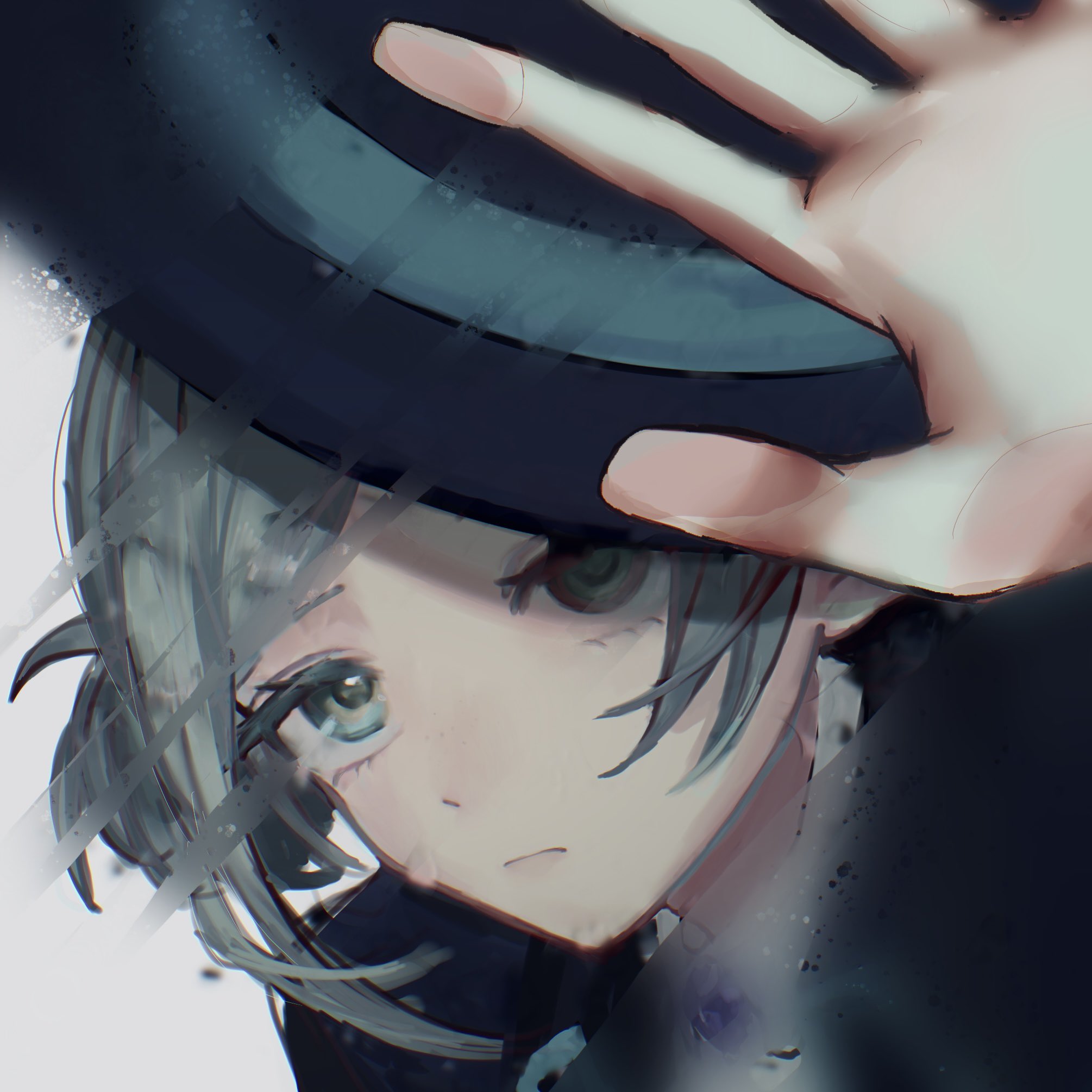 vertin (reverse:1999), reverse:1999, highres, 1girl, :/, against glass, black coat, black hat, closed mouth, coat, condensation, grey eyes, grey hair, hair bun, hand on glass, hand up, hat, l7 (12s8v), looking at viewer, portrait, single side bun, solo, white background, window fog