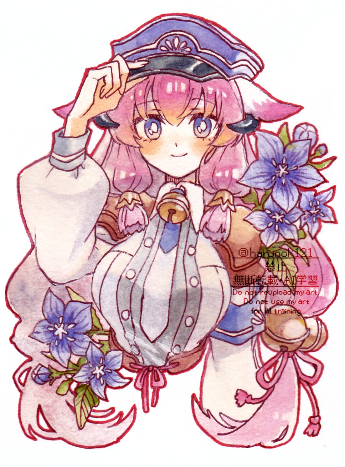 harunok121, hina (rune factory), rune factory, rune factory: guardians of azuma, highres, 1girl, animal ears, armor, bell, blue hat, breasts, hat, horns, large breasts, long hair, long sleeves, looking at viewer, pauldrons, pink hair, puffy long sleeves, puffy sleeves, purple eyes, shirt, shoulder armor, smile, solo, upper body, white shirt