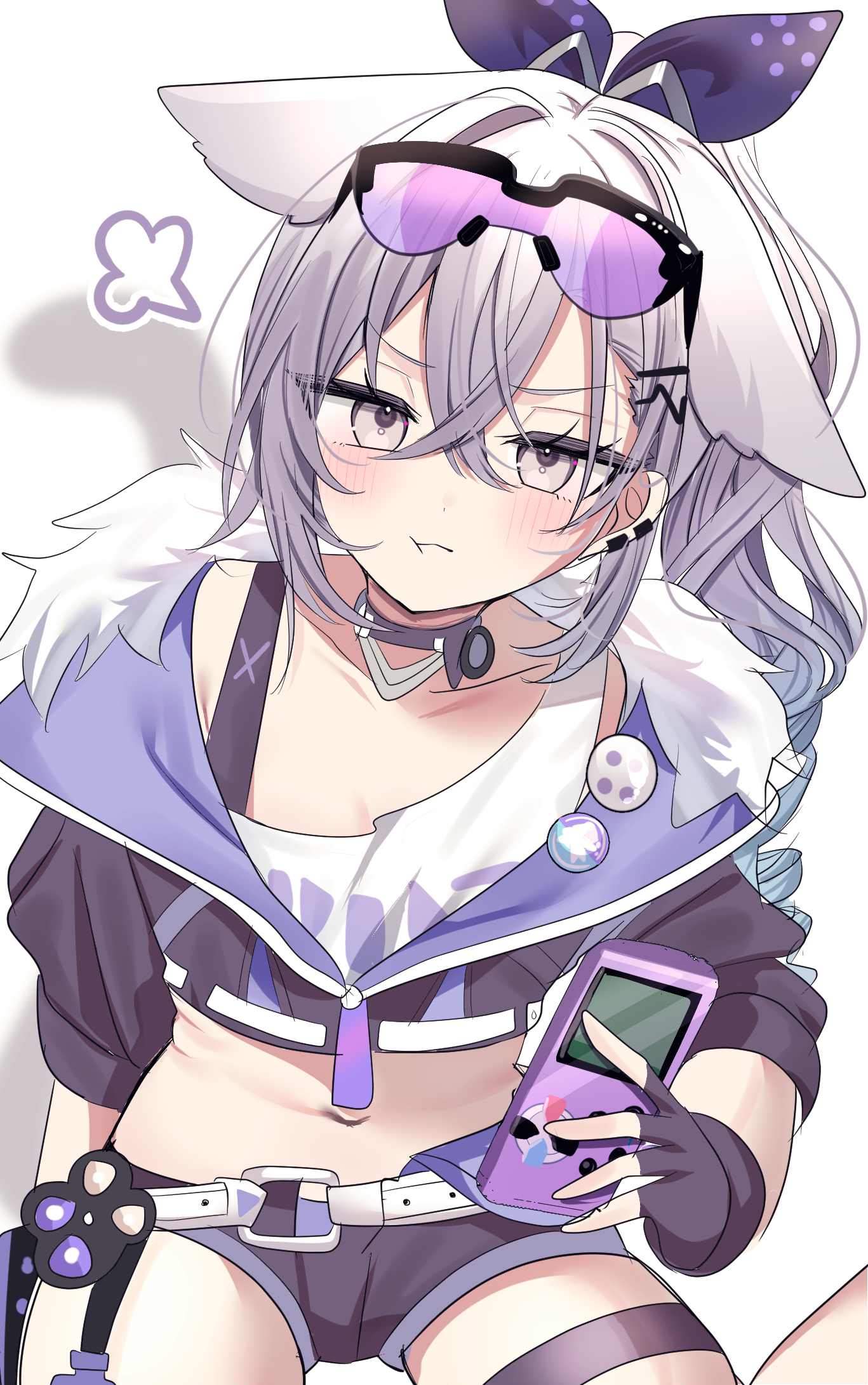 yuzukiyuno (yunmu g), silver wolf (honkai: star rail), honkai: star rail, honkai (series), commentary, highres, symbol-only commentary, 1girl, animal ears, black gloves, black jacket, black shorts, cat ears, crop top, fingerless gloves, fur-trimmed jacket, fur trim, gloves, goggles, goggles on head, grey eyes, grey hair, handheld game console, holding, holding handheld game console, jacket, long hair, looking at viewer, midriff, navel, pout, short shorts, shorts, simple background, solo, thigh strap, thighs, white background