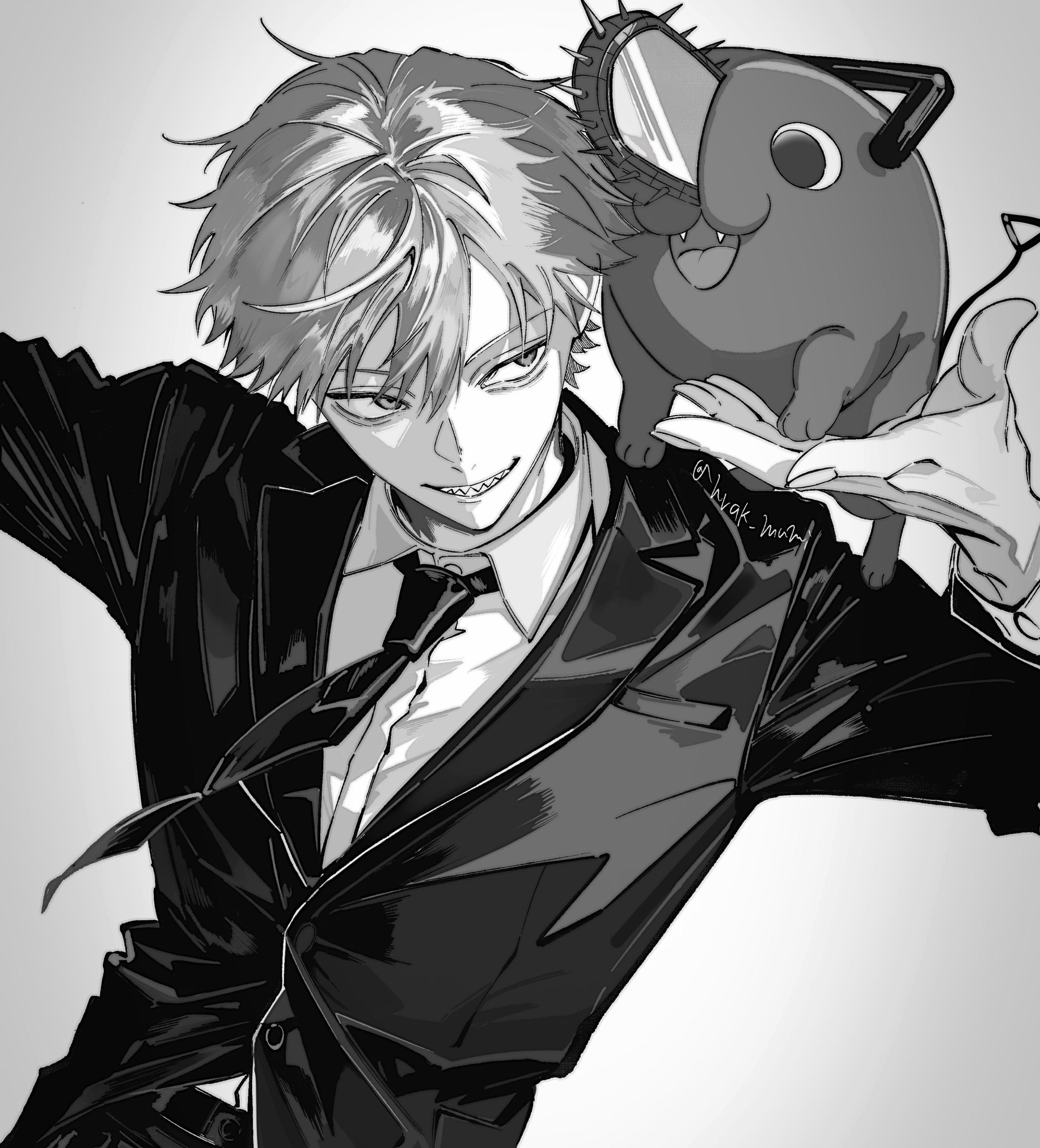 hrak mumi, denji (chainsaw man), pochita (chainsaw man), chainsaw man, absurdres, commentary request, highres, 1boy, belt, black jacket, black pants, black suit, chainsaw, collared shirt, dutch angle, eye contact, formal clothes, greyscale, grin, jacket, lapels, long sleeves, looking at another, looking to the side, male focus, monochrome, necktie, notched lapels, on shoulder, pants, parted bangs, parted hair, pull cord, ringed eyes, sharp teeth, shirt, shirt tucked in, simple background, smile, suit, suit jacket, teeth, white shirt, wing collar