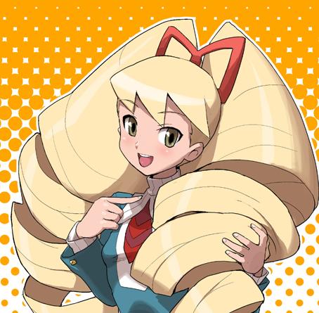 heriyama, luna platz (mega man), capcom, mega man (series), mega man star force (series), lowres, 00s, 1girl, big hair, blonde hair, drill hair, female focus, green eyes, long hair, solo, twintails