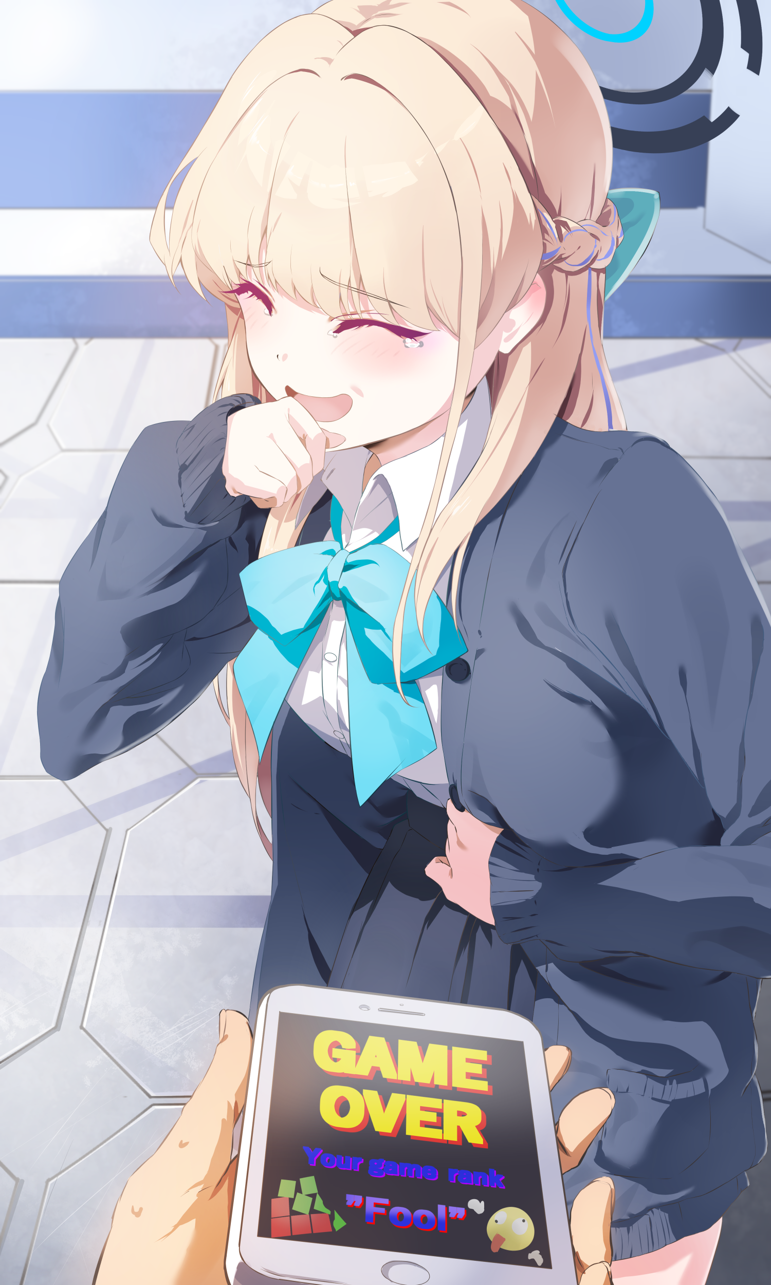 kuu (user gngs5284), toki (blue archive), blue archive, absurdres, commentary request, highres, 1girl, 1other, blazer, blonde hair, blue bow, blue bowtie, blue hair, blue halo, blue jacket, blue skirt, blush, bow, bowtie, braid, breasts, closed eyes, game over, halo, hand on own stomach, hand up, happy, holding own stomach, indoors, jacket, laughing, leaning forward, long hair, long sleeves, medium breasts, miniskirt, multicolored hair, open clothes, open jacket, open mouth, pleated skirt, shirt, skirt, smile, solo focus, standing, streaked hair, tearing up, two-tone hair, very long hair, white shirt