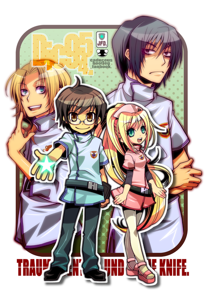 pael, tonegawa anju, tsukimori kousuke, tyler chase, victor niguel, chou shittou caduceus, 1girl, 3boys, :d, belt, black hair, blonde hair, brooch, buckle, closed mouth, gem, glasses, jewelry, looking at viewer, multiple boys, open mouth, pantyhose, puffy short sleeves, puffy sleeves, round eyewear, short hair, short sleeves, smile, standing