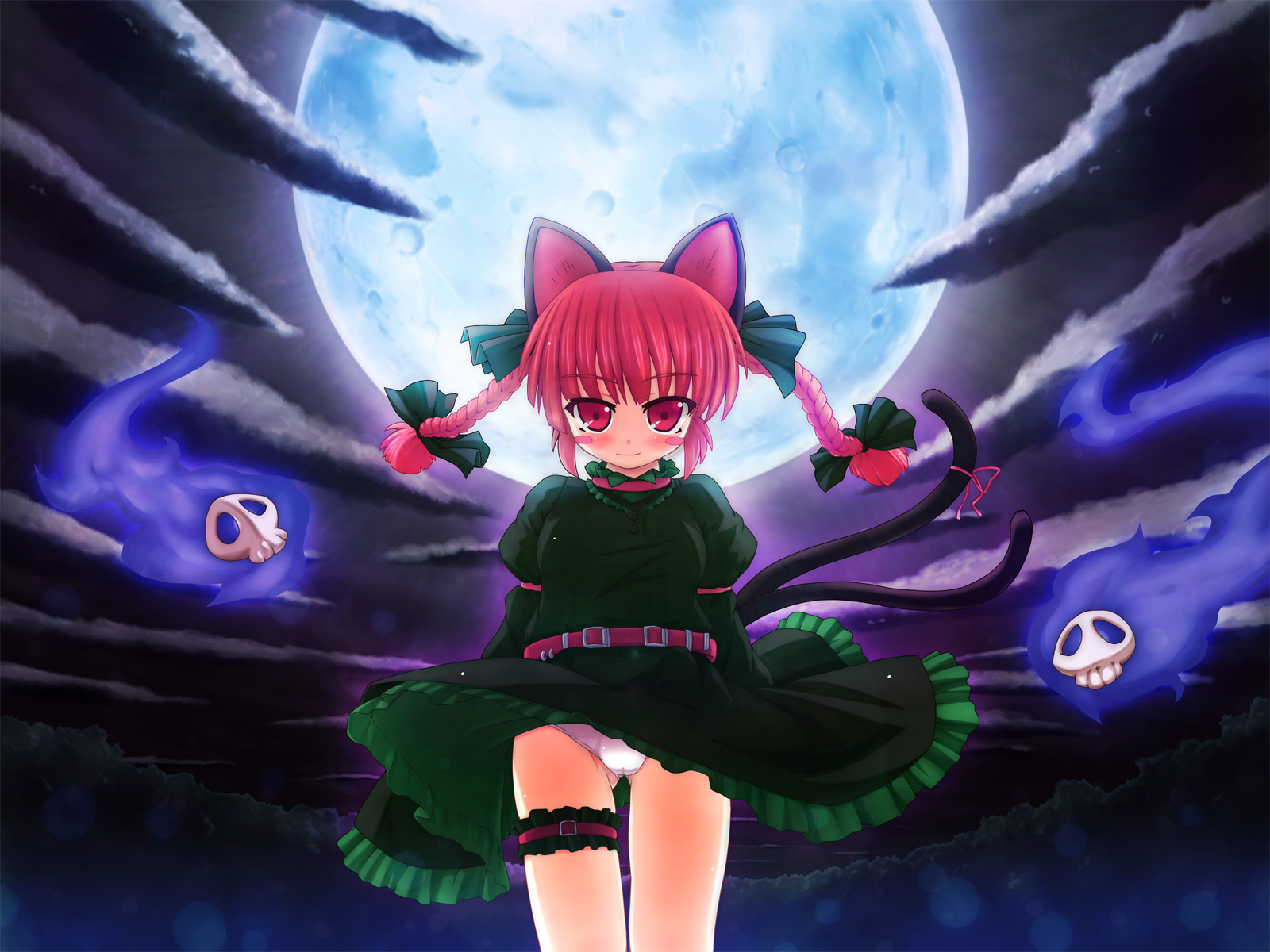etogami kazuya, kaenbyou rin, touhou, highres, 1girl, animal ears, blush, blush stickers, braid, cat ears, cat girl, cat tail, female focus, full moon, ghost, hair ribbon, moon, panties, red eyes, red hair, ribbon, skull, solo, tail, thigh strap, twin braids, underwear, white panties, wind, wind lift