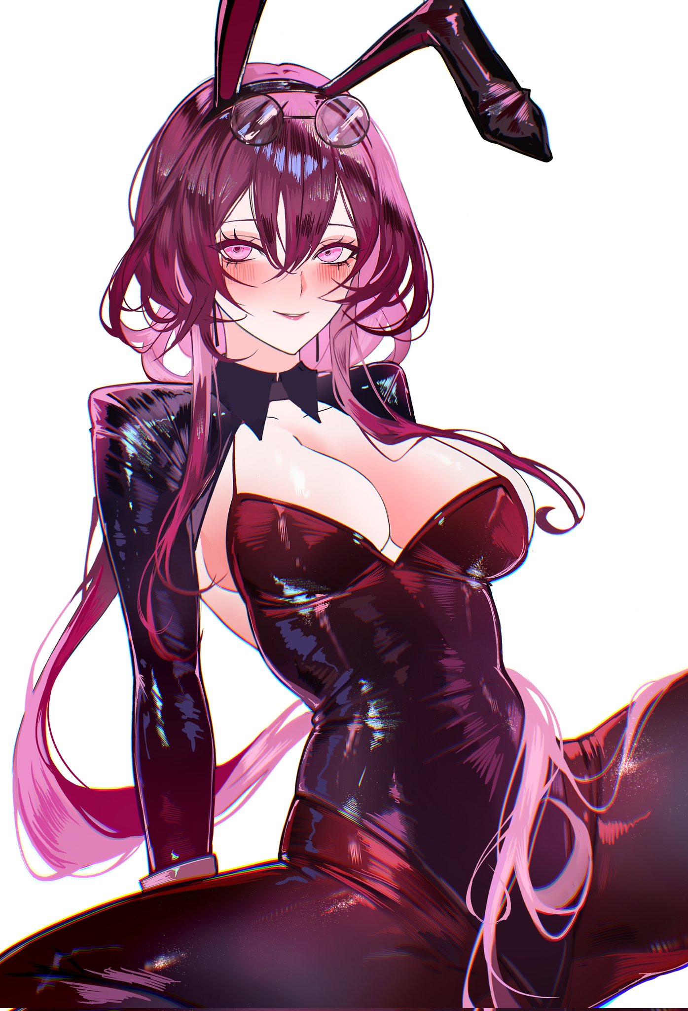 sanya (sanya lox228), kafka (honkai: star rail), honkai (series), commentary, highres, 1girl, alternate costume, animal ear hairband, animal ears, black hairband, blush, breasts, collarbone, eyewear on head, fake animal ears, hair between eyes, hairband, large breasts, leotard, lips, long hair, looking at viewer, pantyhose, parted lips, purple eyes, purple hair, red leotard, red pantyhose, sideboob, simple background, sitting, solo, spread legs, very long hair, white background