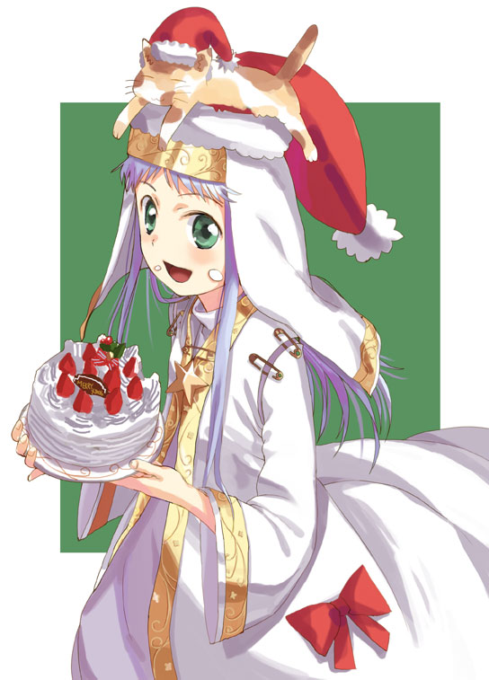 yamamoto shima, index (toaru majutsu no index), sphinx (to aru majutsu no index), sphinx (toaru majutsu no index), toaru majutsu no index, 00s, 1girl, blue hair, cake, calico (pattern), calico cat, cat, eating, female focus, food, green eyes, hat, long hair, pastry, safety pin, santa hat, solo