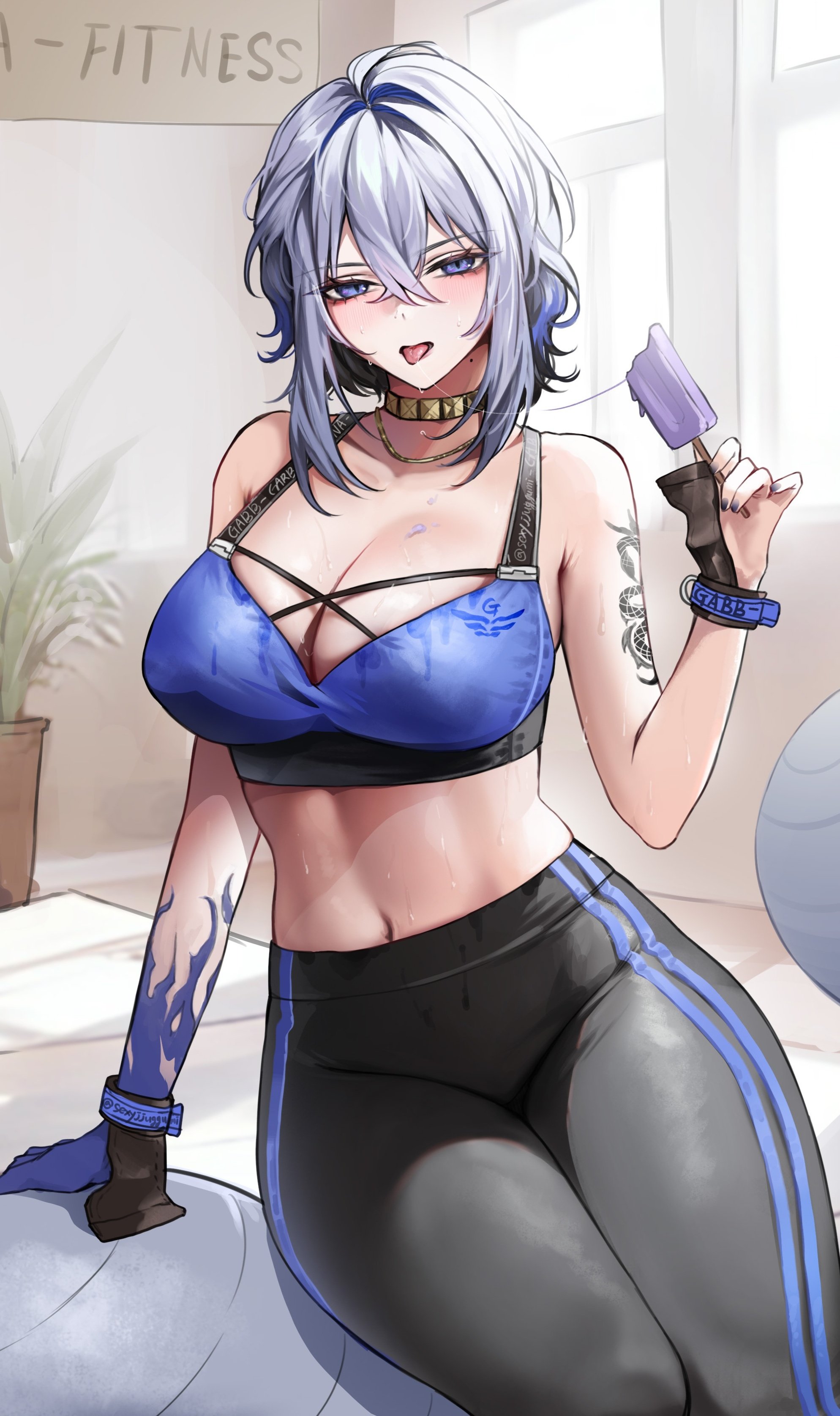 yujin (sexyjjuggumi), galbrena (wuthering waves), wuthering waves, absurdres, commentary, english commentary, highres, 1girl, alternate costume, arm tattoo, artist name, bare shoulders, black nails, breasts, cleavage, food, gold choker, grey hair, hair between eyes, holding, holding food, holding popsicle, indoors, large breasts, leggings, light blush, looking at viewer, medium hair, mole, mole on neck, nail polish, navel, pants, popsicle, purple eyes, saliva, saliva trail, solo, stomach, sweat, tattoo, yoga pants