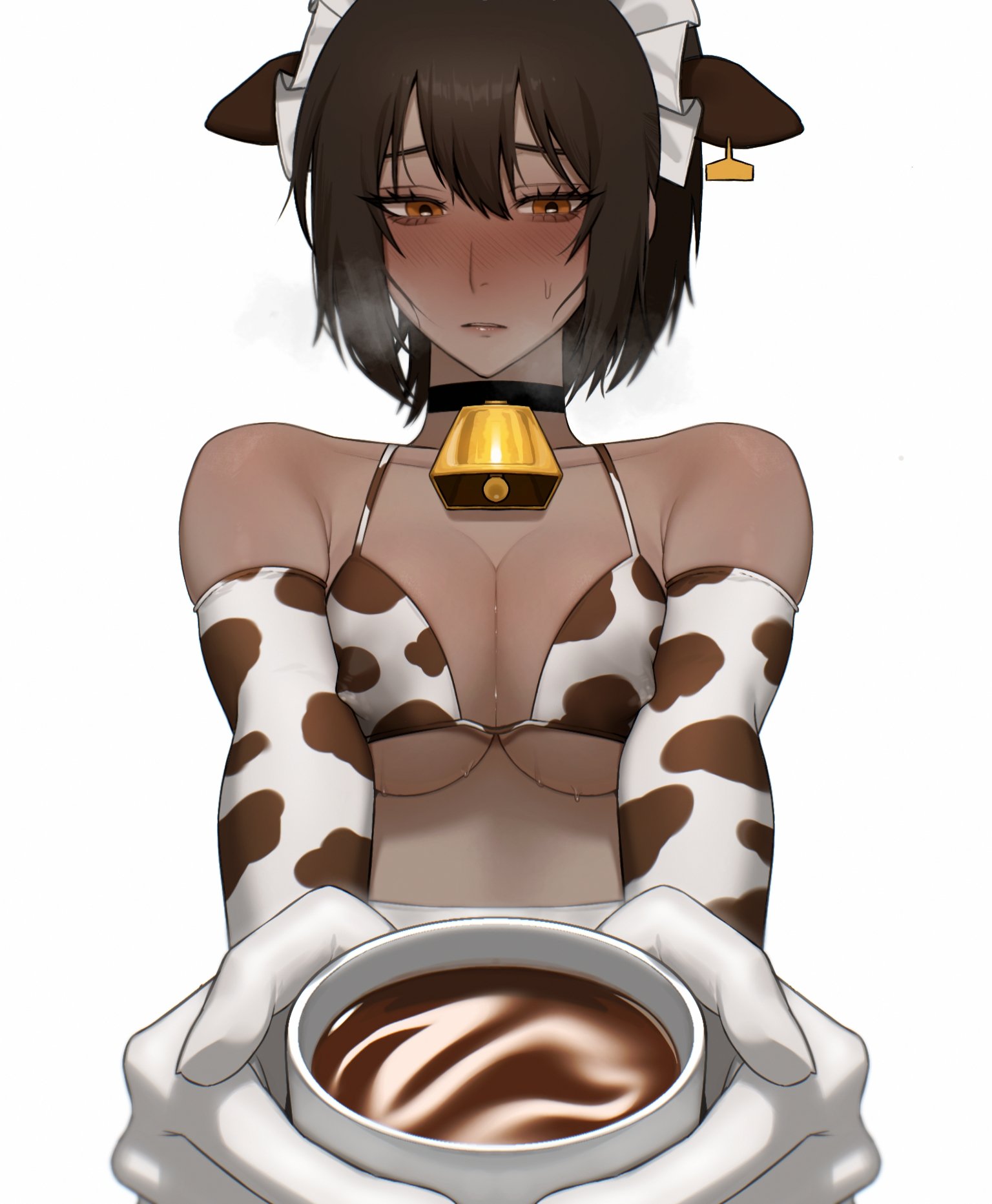 nelly (project moon), limbus company, project moon, highres, 1girl, animal ear hairband, animal ears, animal print, bell, bikini, blush, breasts, brown hair, cleavage, coffee, coffee mug, collar, cow ear hairband, cow ears, cow girl, cow print, cow print bikini, cow print gloves, cowbell, cup, dark-skinned female, dark skin, ear tag, elbow gloves, embarrassed, fake animal ears, gloves, hairband, high ponytail, holding, holding cup, incoming gift, lapis alter ego, maid, maid headdress, medium breasts, medium hair, mug, neck bell, orange eyes, ponytail, print bikini, print gloves, serving, simple background, solo, sweat, sweatdrop, swimsuit, white background
