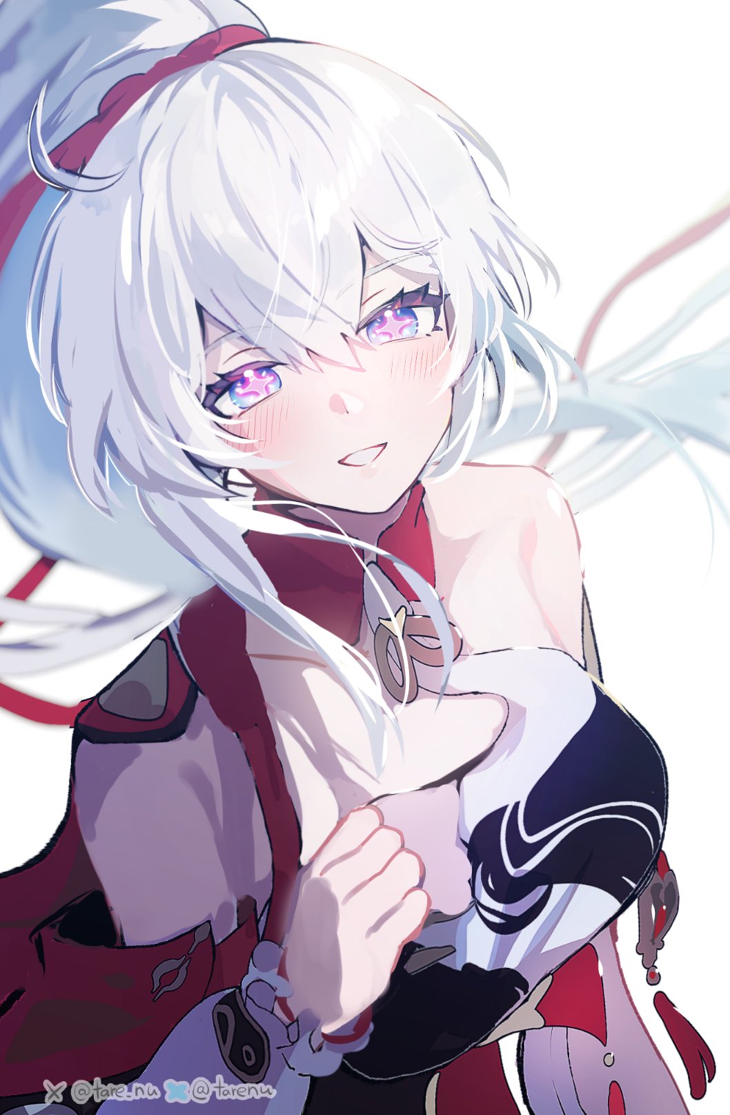 tare (tonikaku magaru), kiana kaslana, kiana kaslana (ba-dum! fiery wishing star), honkai (series), honkai impact 3rd, hashtag-only commentary, highres, 1girl, black dress, blue eyes, breasts, dress, large breasts, long hair, looking at viewer, simple background, single bare shoulder, smile, solo, star-shaped pupils, star (symbol), symbol-shaped pupils, twitter username, very long hair, white background, white hair