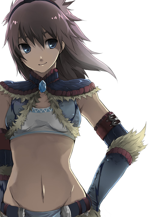 hase neet, capcom, monster hunter (series), blue eyes, brown hair, kirin (armor), midriff, smile, solo