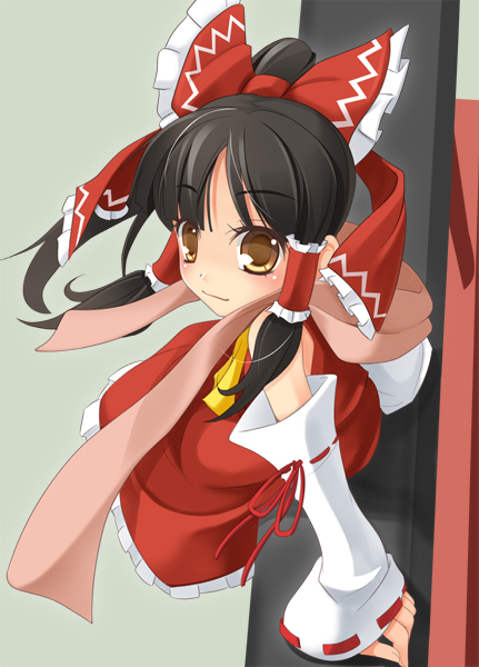 wapokichi, hakurei reimu, perfect cherry blossom, touhou, 1girl, black hair, bow, detached sleeves, female focus, from above, hair bow, japanese clothes, miko, scarf, solo, yellow eyes