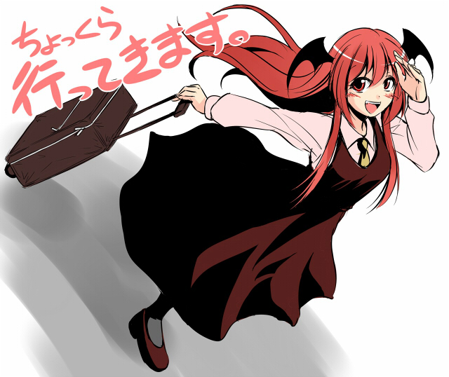 fechirin, koakuma, embodiment of scarlet devil, touhou, luggage, translation request, 1girl, bat wings, dutch angle, female focus, full body, grey background, head wings, long hair, necktie, pantyhose, red eyes, red hair, salute, solo, standing, suitcase, white background, wings