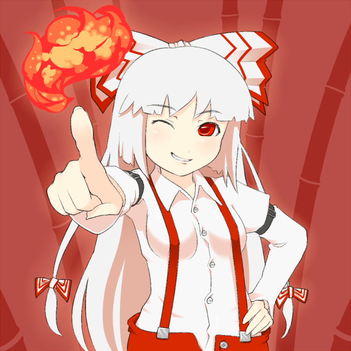 torque, fujiwara no mokou, touhou, 1girl, bow, breasts, buckle, buttons, female focus, fire, hair bow, long hair, long sleeves, looking at viewer, multiple hair bows, pointing, pointing at viewer, small breasts, solo, suspenders, very long hair